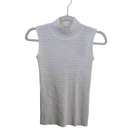 T Tahari NWT Ivory Gold Studded Ribbed Mock Neck Sleeveless Top Size XS - Picture 1 of 6